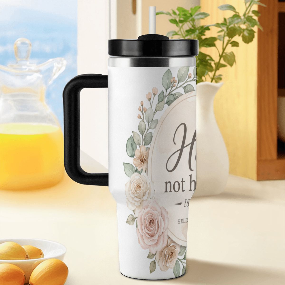 Held, Not Hurried 40 oz Floral Tumbler (Isaiah 41:10) – Christian Mom Encouragement Gift