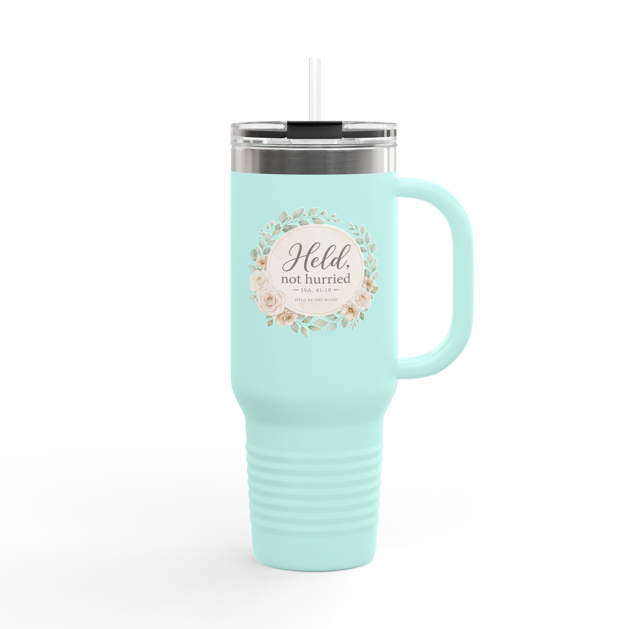 Held, Not Hurried 40oz Floral Tumbler (Isaiah 41:10) – Christian Mom Encouragement Gift