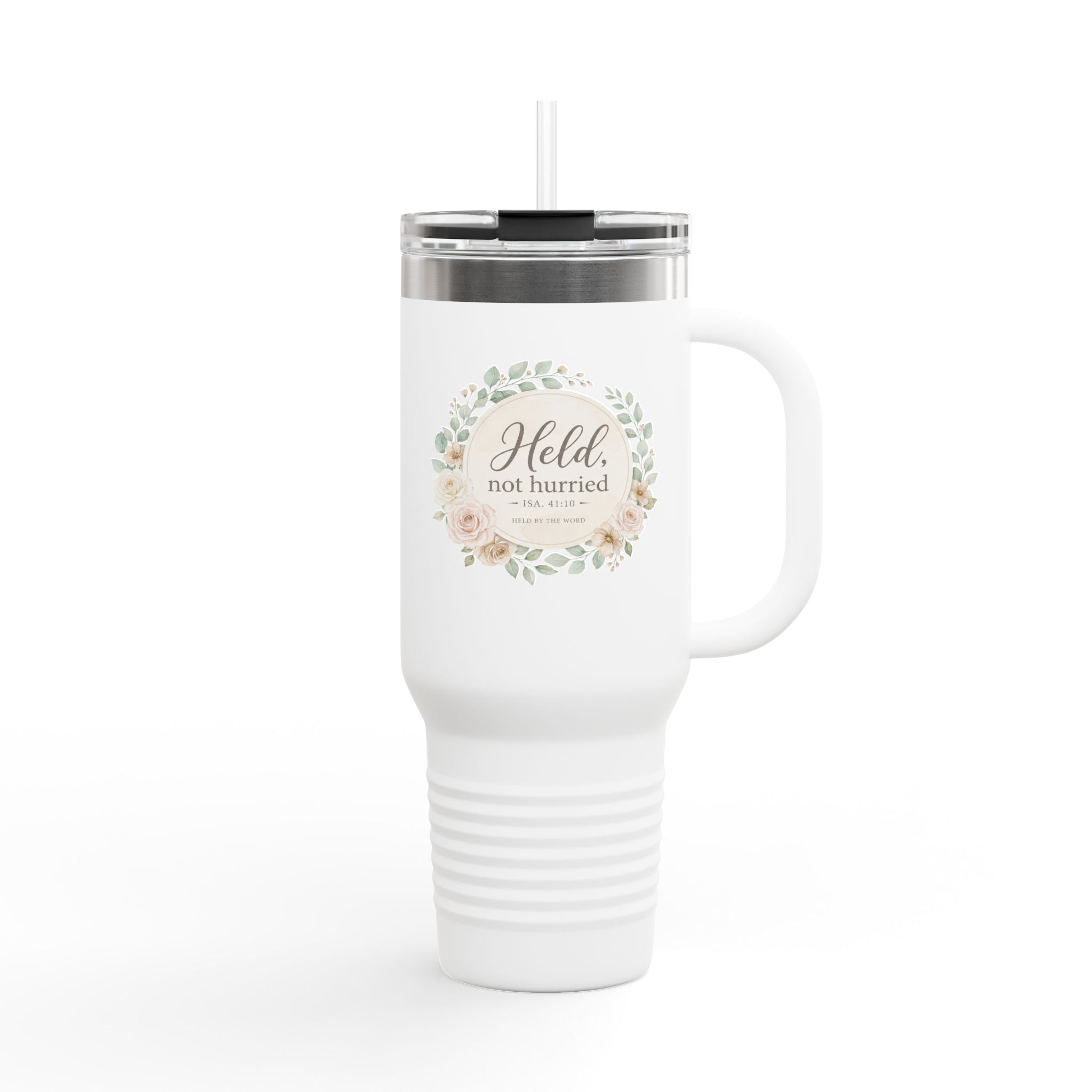 Held, Not Hurried 40oz Floral Tumbler (Isaiah 41:10) – Christian Mom Encouragement Gift