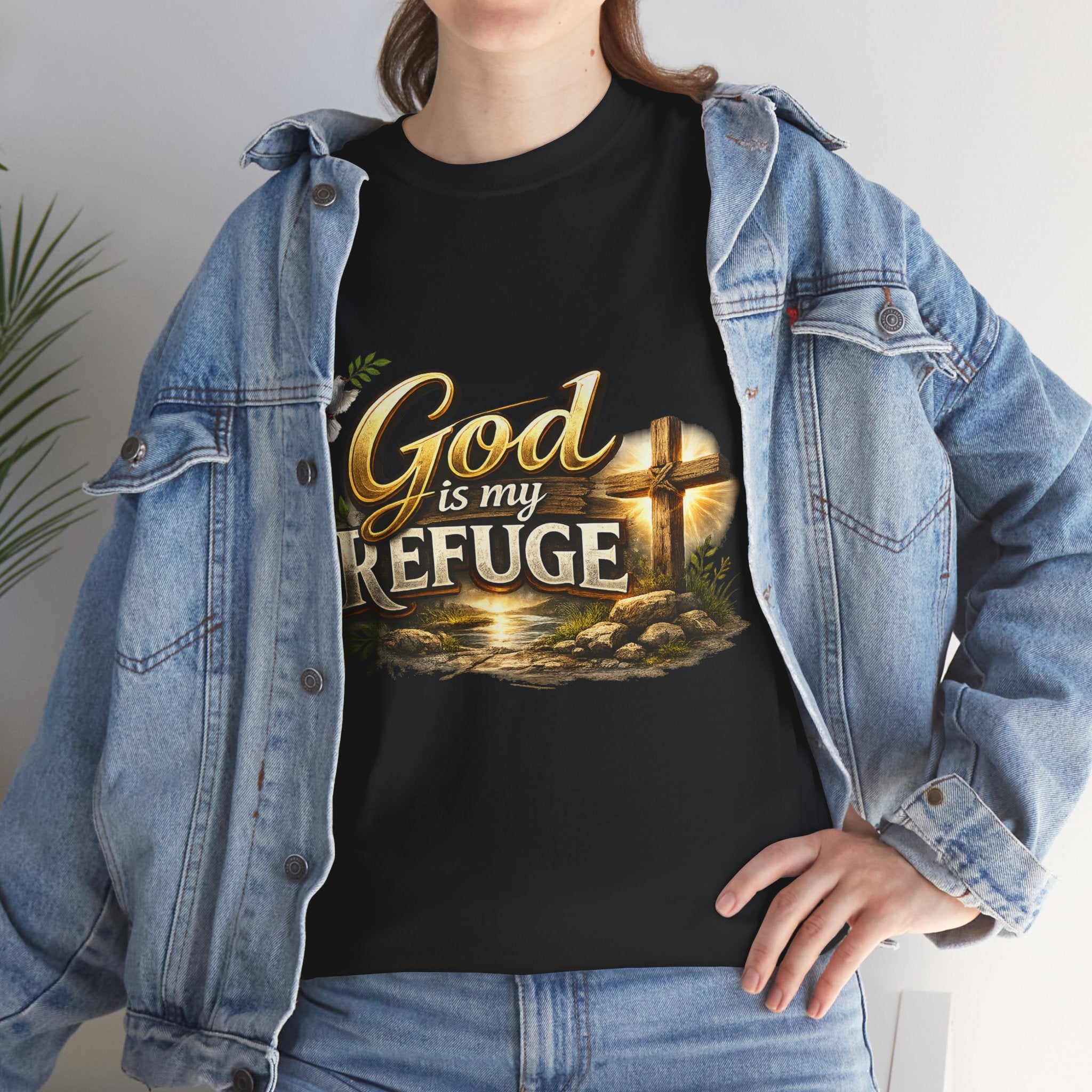 God Is My Refuge T‑Shirt — Christian Faith Cross & Dove Graphic Tee