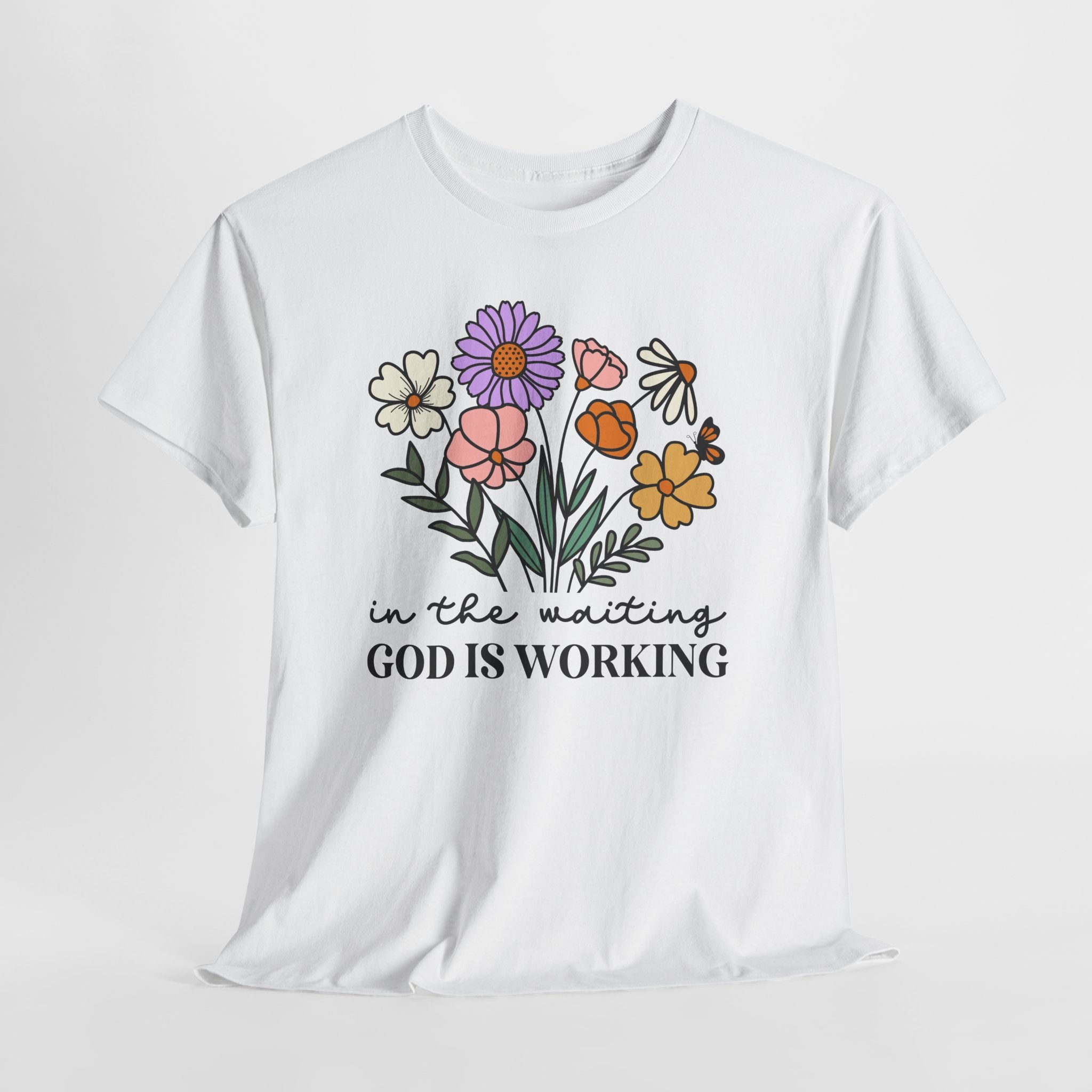 T-Shirt — "In the Waiting God Is Working" Floral Christian Tee