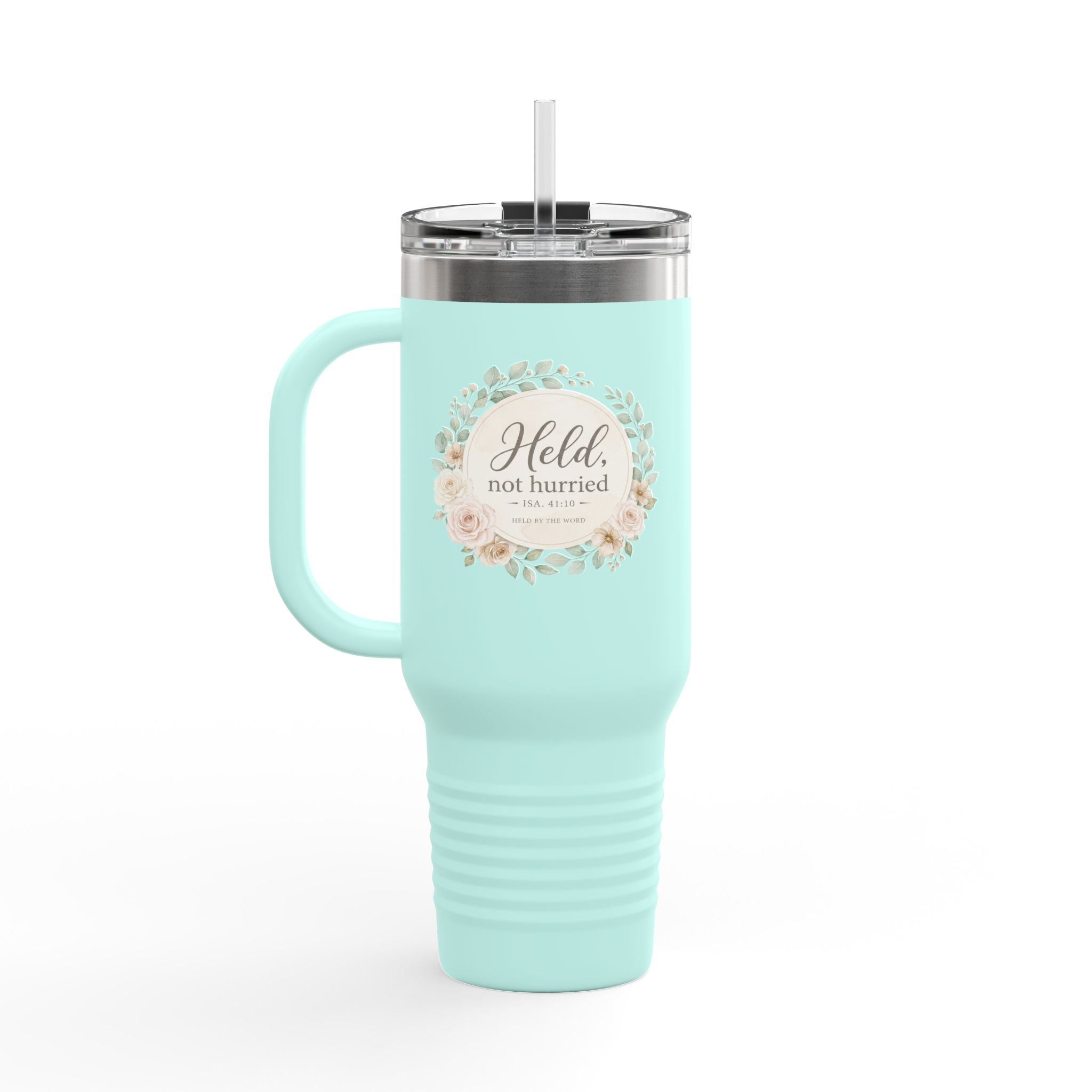 Held, Not Hurried 40oz Floral Tumbler (Isaiah 41:10) – Christian Mom Encouragement Gift
