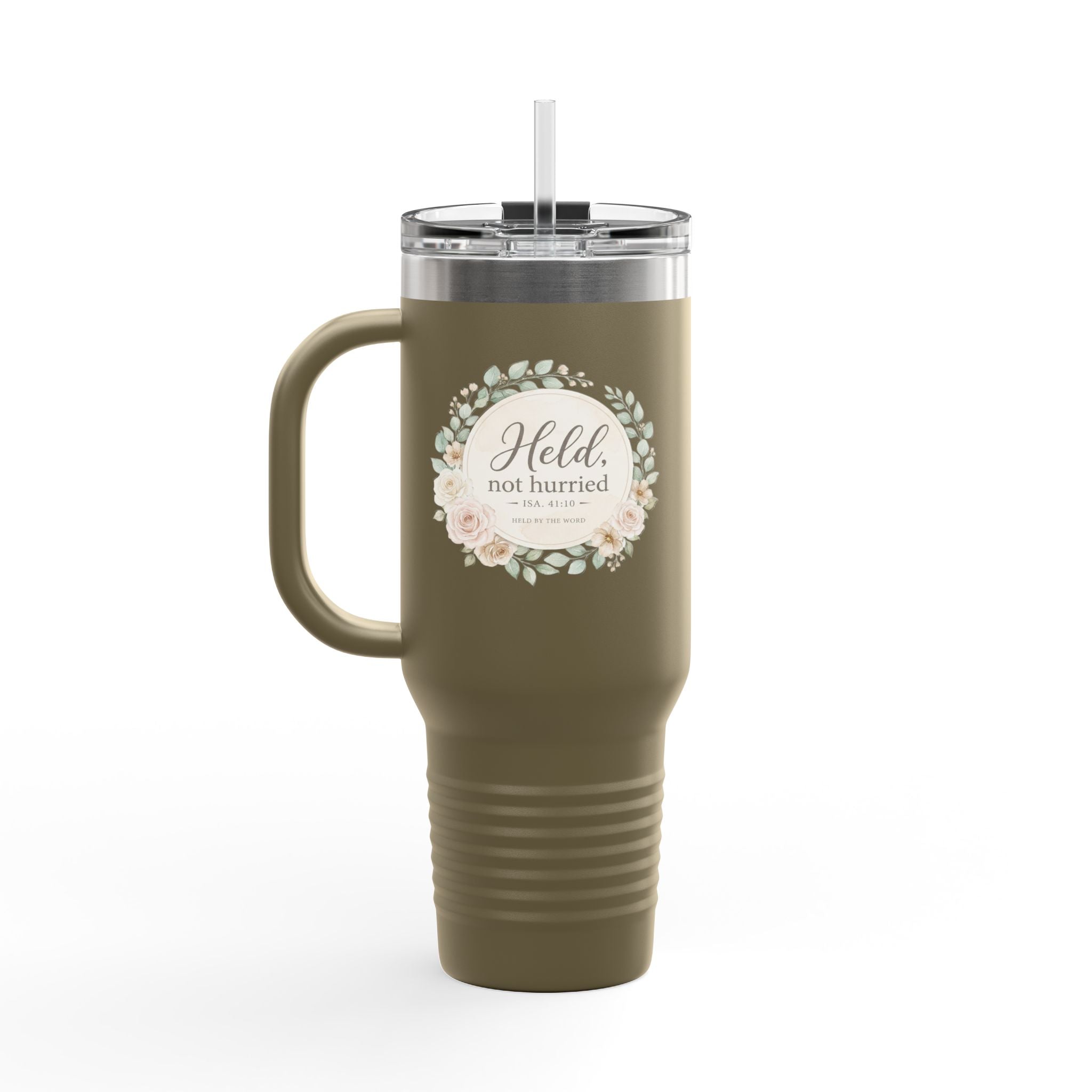 Held, Not Hurried 40oz Floral Tumbler (Isaiah 41:10) – Christian Mom Encouragement Gift