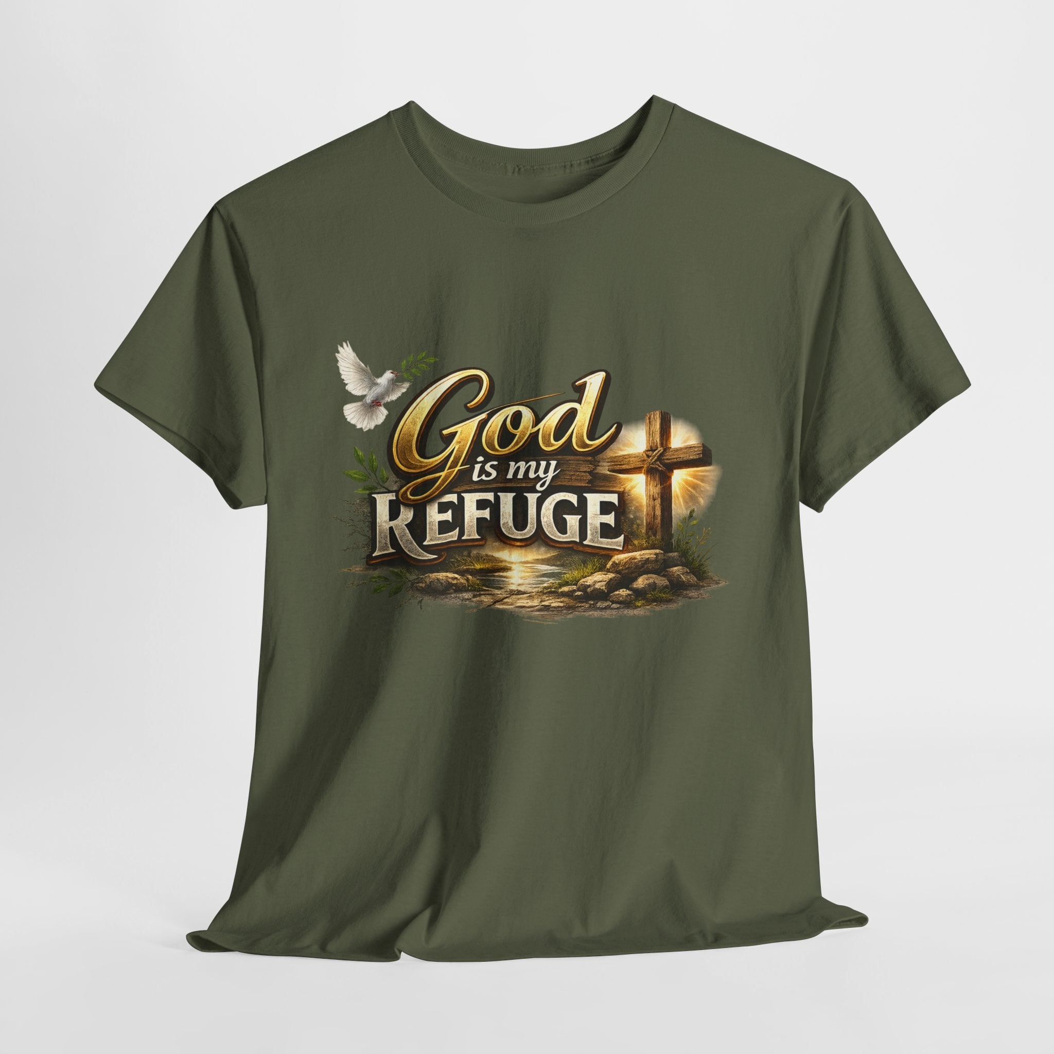 God Is My Refuge T‑Shirt — Christian Faith Cross & Dove Graphic Tee