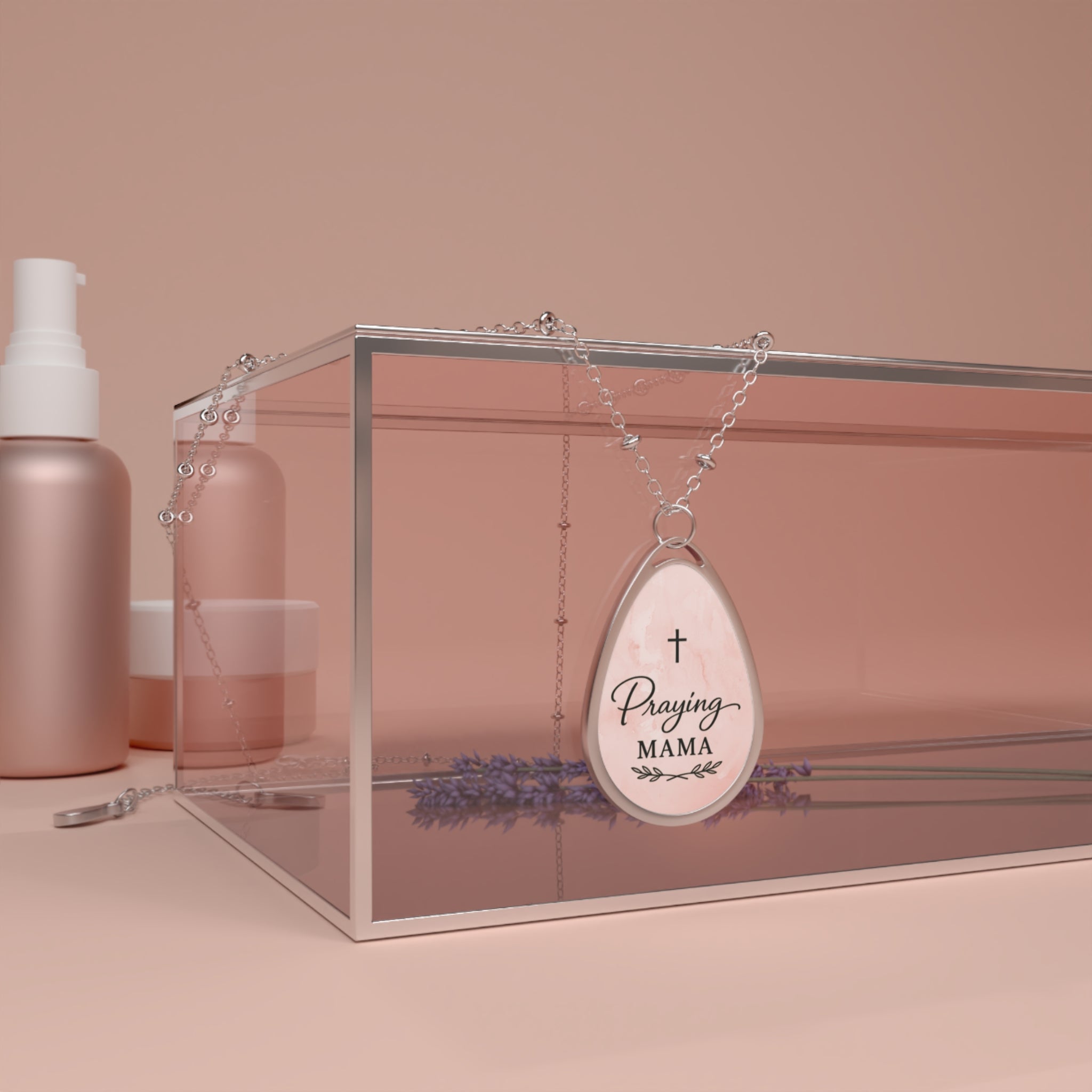 Praying Mama Oval Pendant Necklace — Religious Pink Teardrop Charm