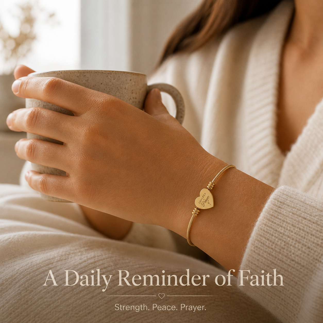 Covered In Prayer Heart Cuff Bracelet – Cable Wire Bangle (Silver or Gold)