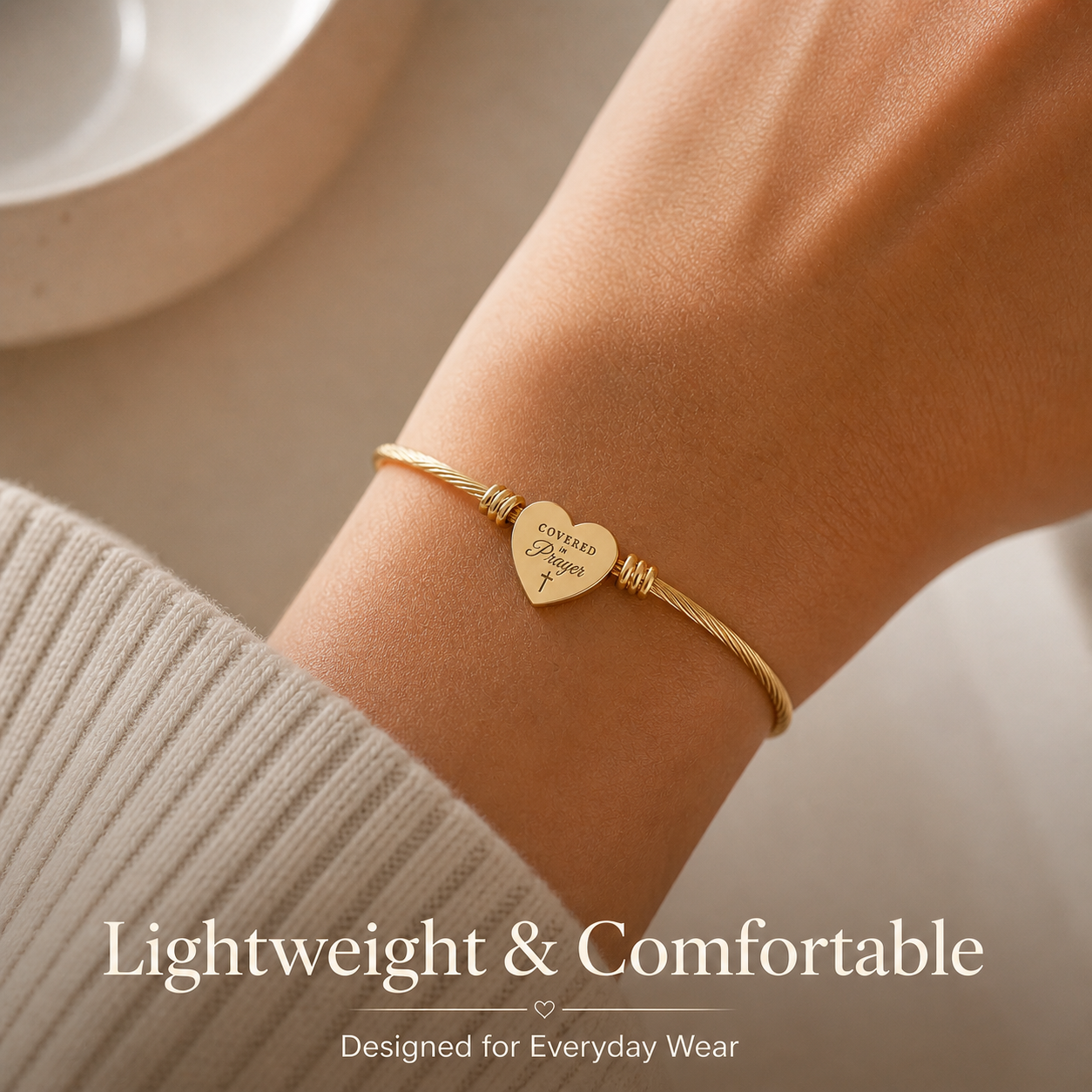 Covered In Prayer Heart Cuff Bracelet – Cable Wire Bangle (Silver or Gold)