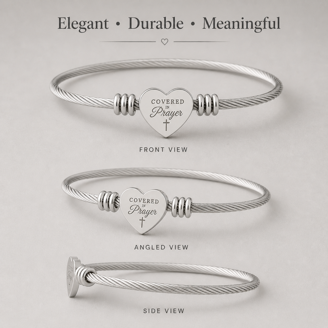 Covered In Prayer Heart Cuff Bracelet – Cable Wire Bangle (Silver or Gold)