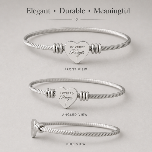 Covered In Prayer Heart Cuff Bracelet – Cable Wire Bangle (Silver or Gold)