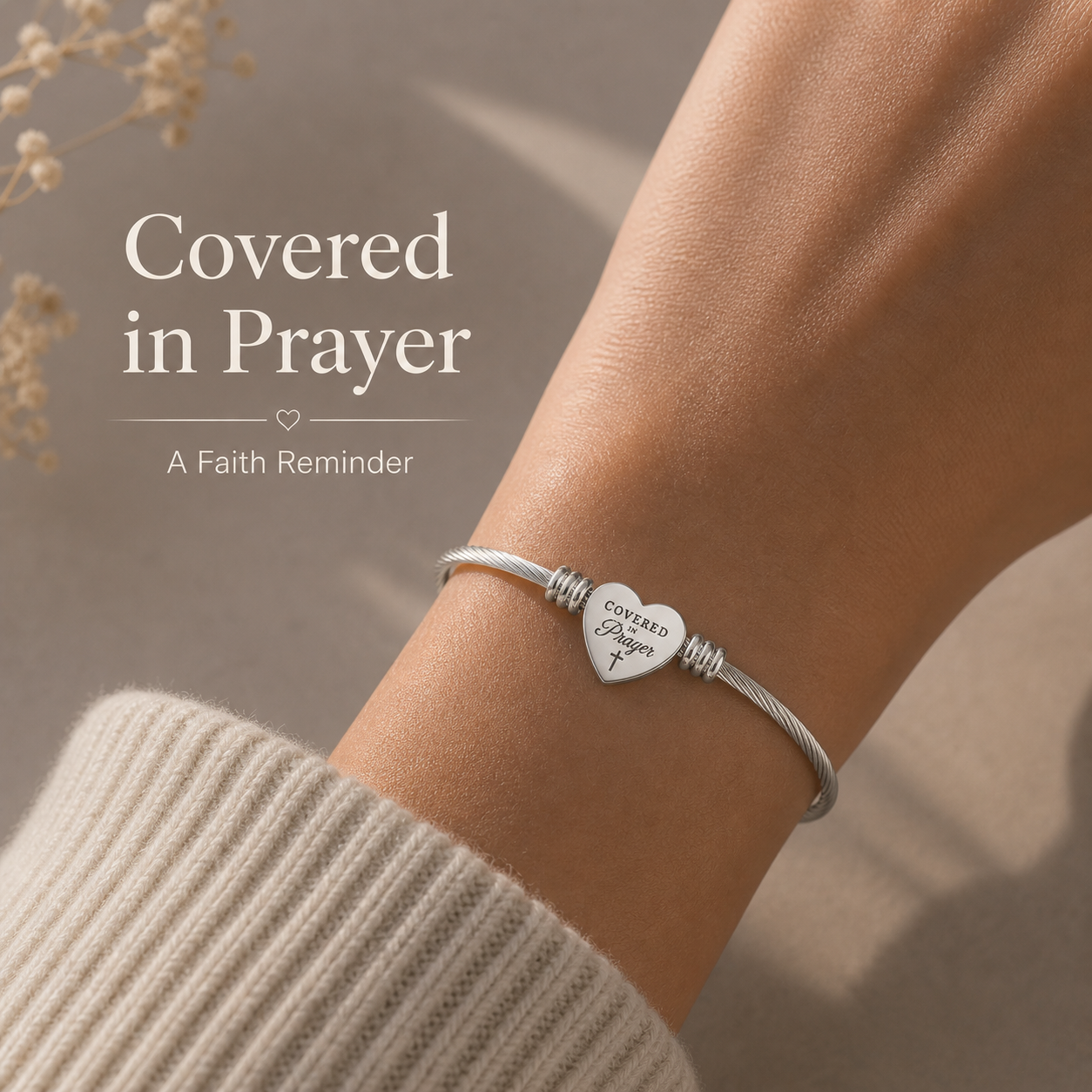 Covered In Prayer Heart Cuff Bracelet – Cable Wire Bangle (Silver or Gold)