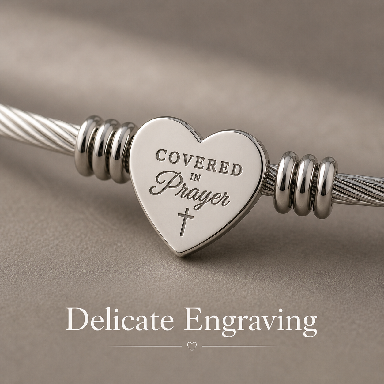 Covered In Prayer Heart Cuff Bracelet – Cable Wire Bangle (Silver or Gold)