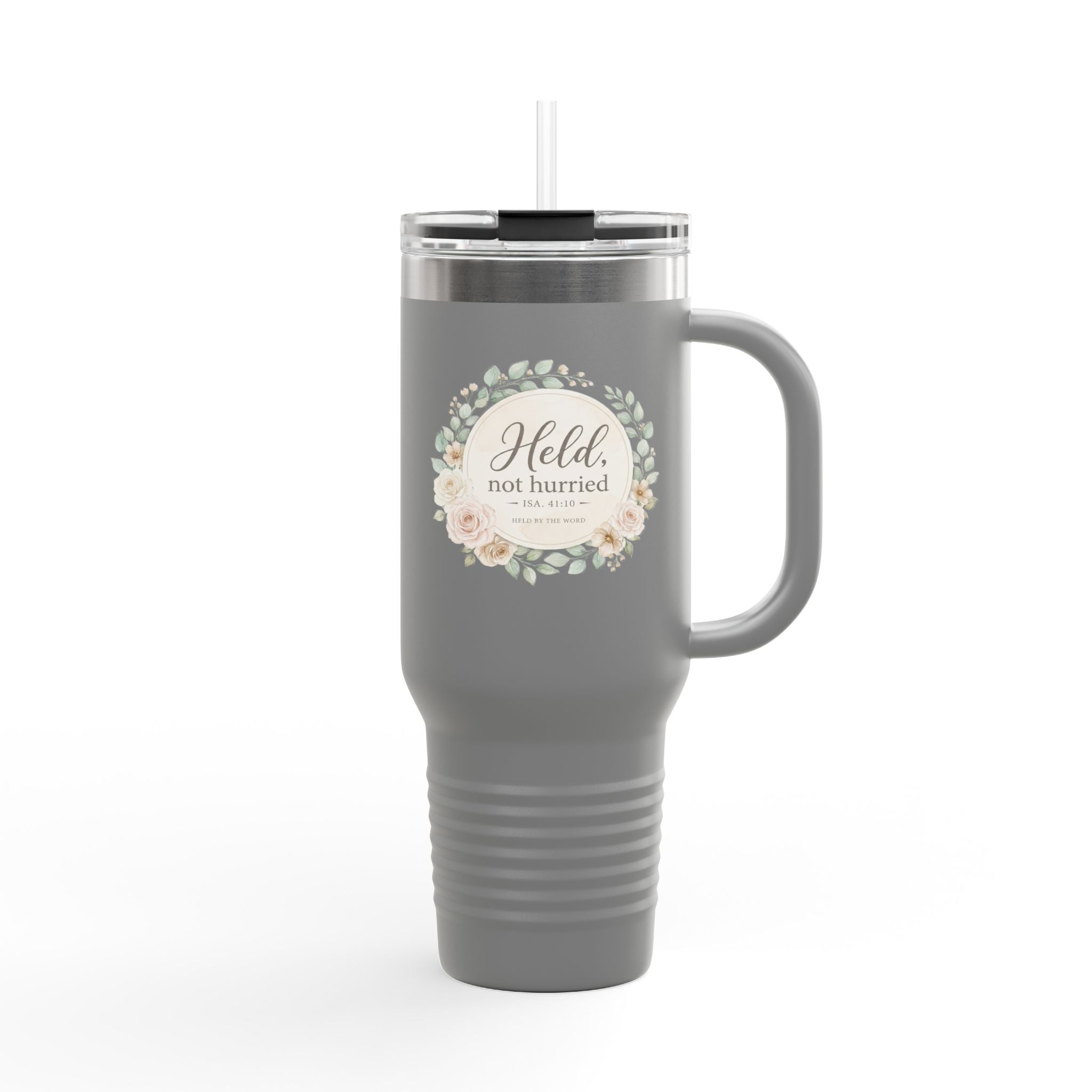 Held, Not Hurried 40oz Floral Tumbler (Isaiah 41:10) – Christian Mom Encouragement Gift