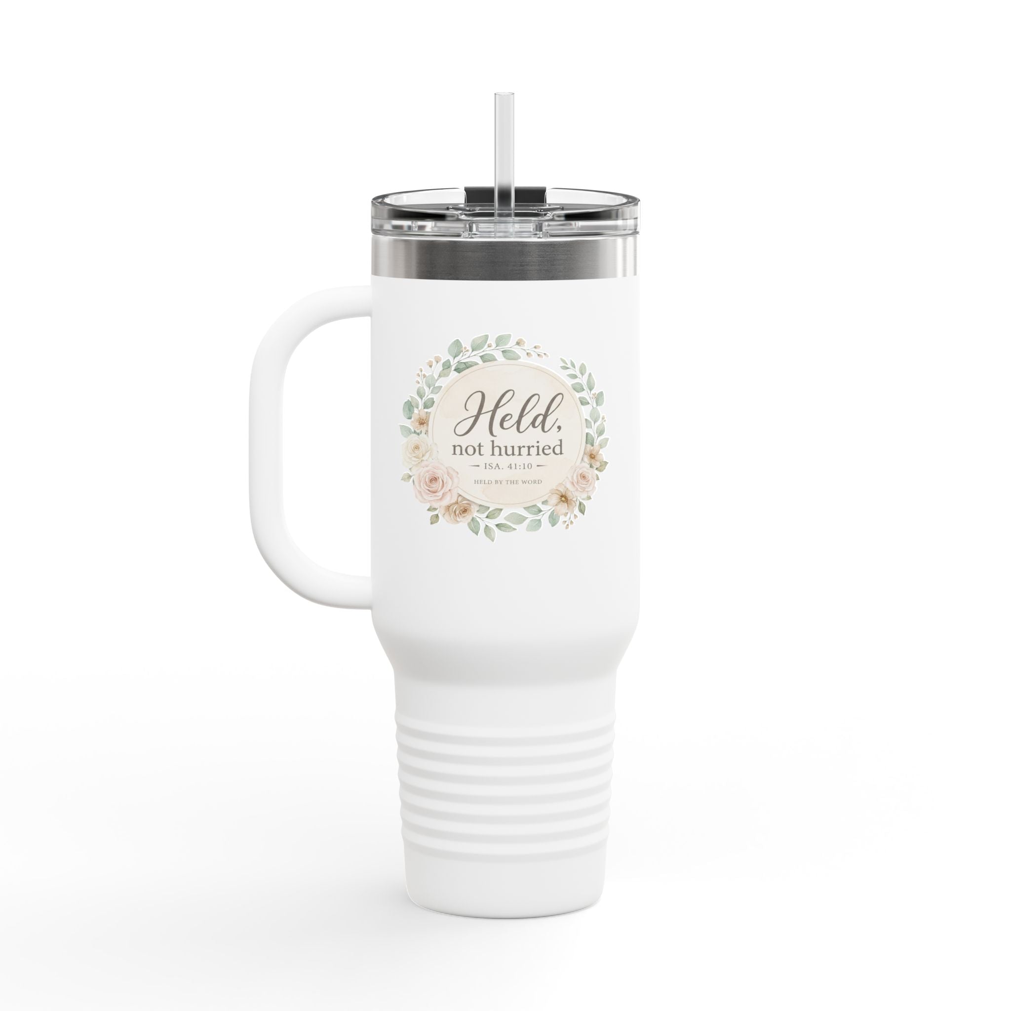 Held, Not Hurried 40oz Floral Tumbler (Isaiah 41:10) – Christian Mom Encouragement Gift