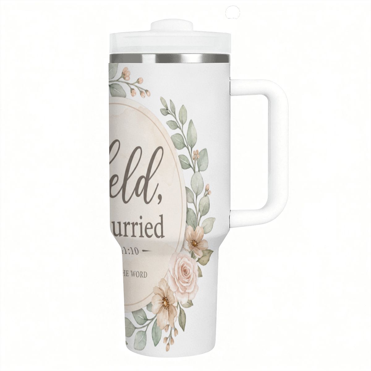 Held, Not Hurried 40 oz Floral Tumbler (Isaiah 41:10) – Christian Mom Encouragement Gift
