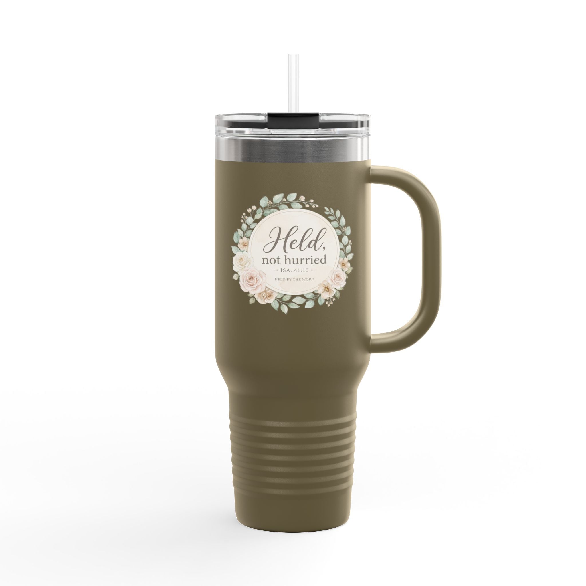 Held, Not Hurried 40oz Floral Tumbler (Isaiah 41:10) – Christian Mom Encouragement Gift