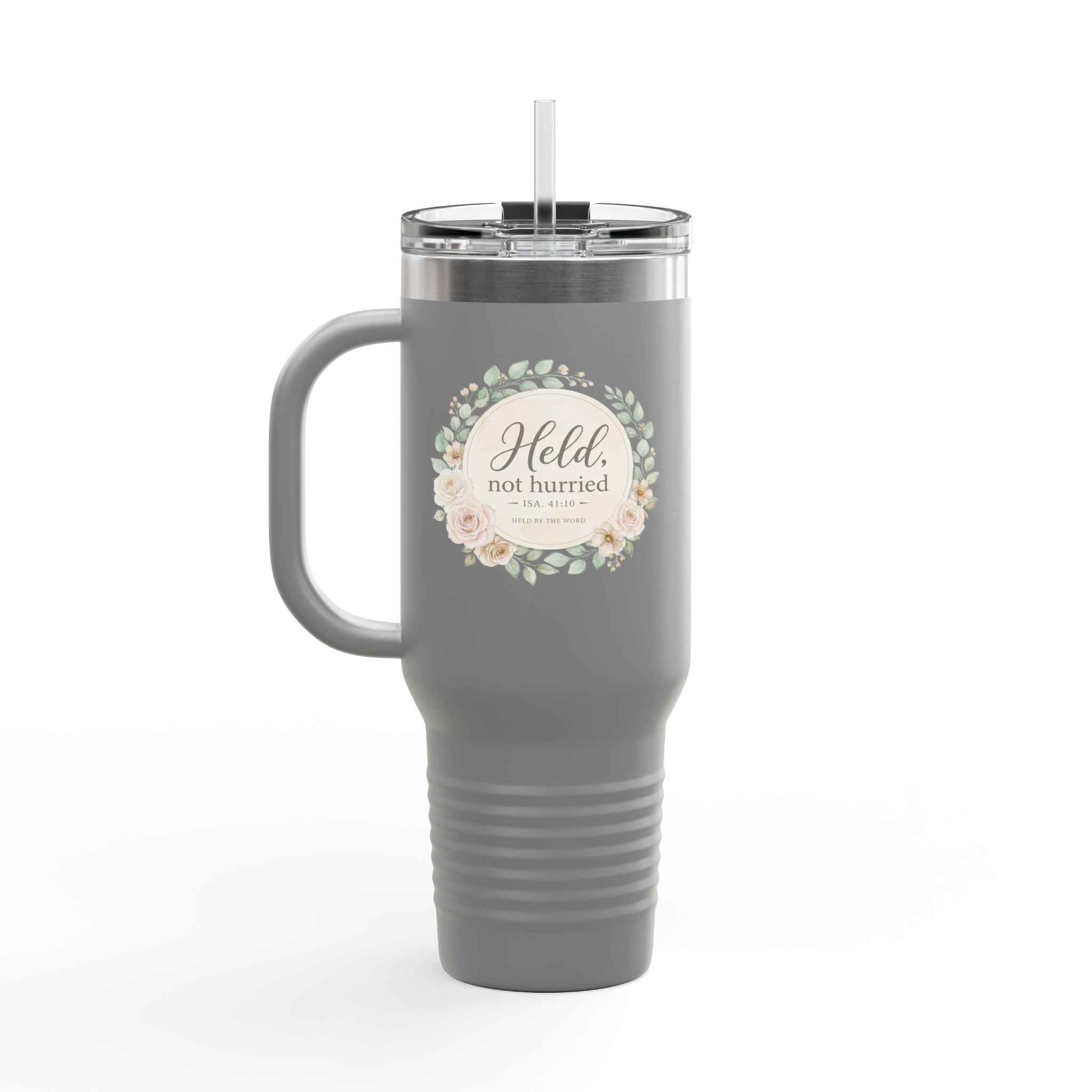 Held, Not Hurried 40oz Floral Tumbler (Isaiah 41:10) – Christian Mom Encouragement Gift
