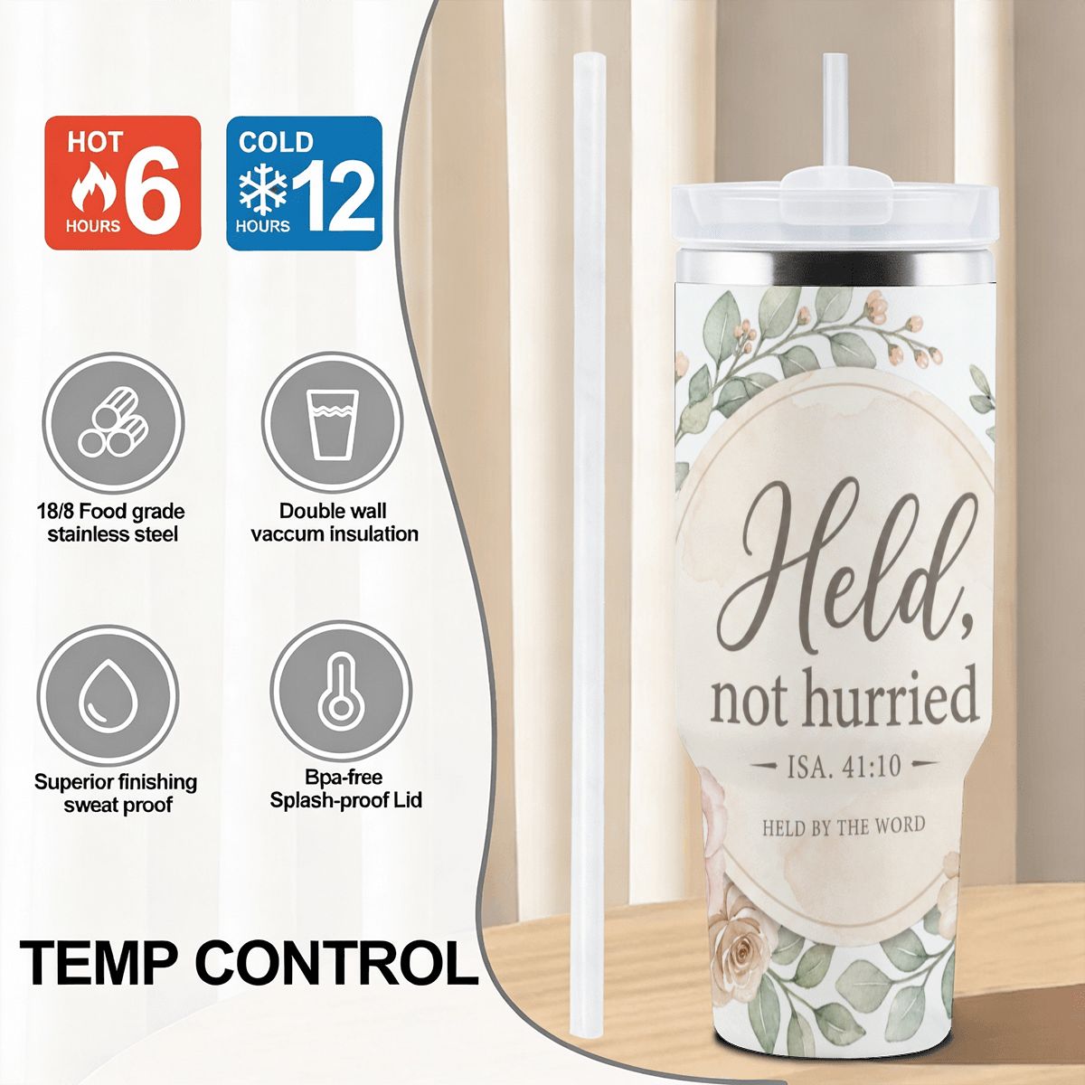 Held, Not Hurried 40 oz Floral Tumbler (Isaiah 41:10) – Christian Mom Encouragement Gift