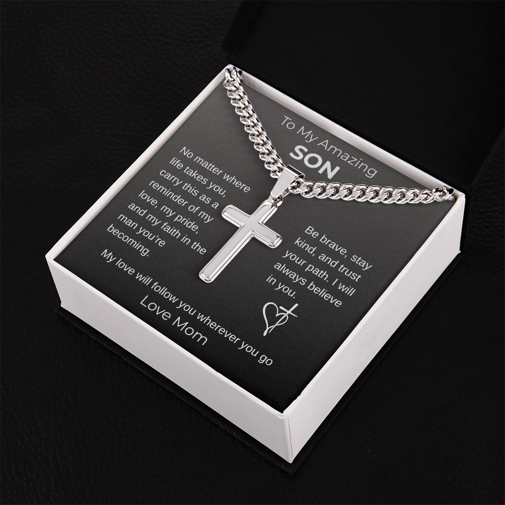 To My Son From Mom - Graduation Gift, Personalized Cross with Cuban Link Chain -