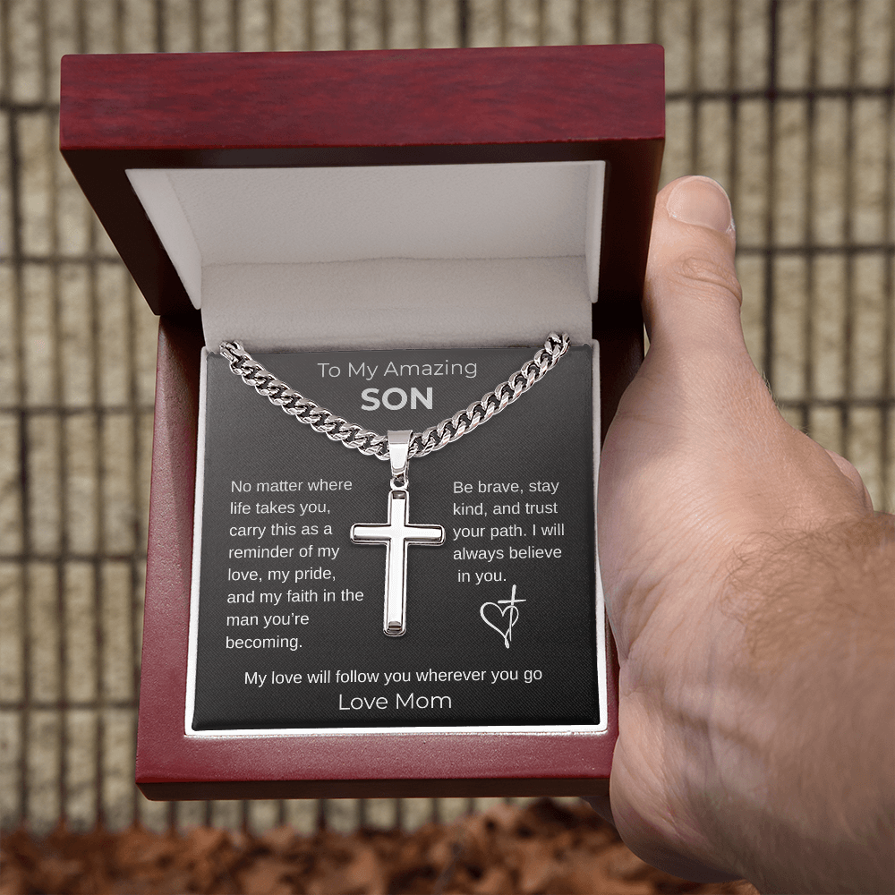 To My Son From Mom - Graduation Gift, Personalized Cross with Cuban Link Chain -