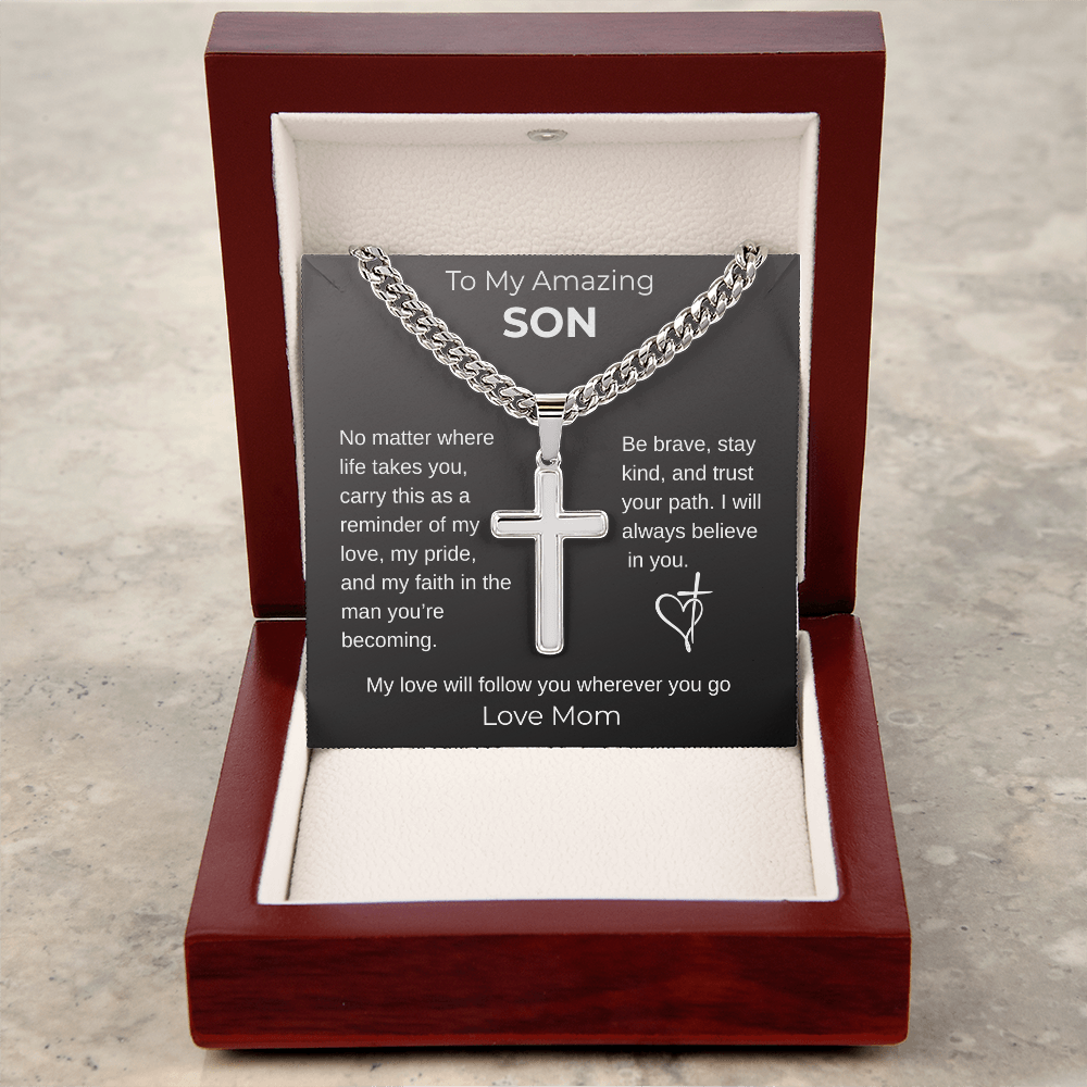 To My Son From Mom - Graduation Gift, Personalized Cross with Cuban Link Chain -