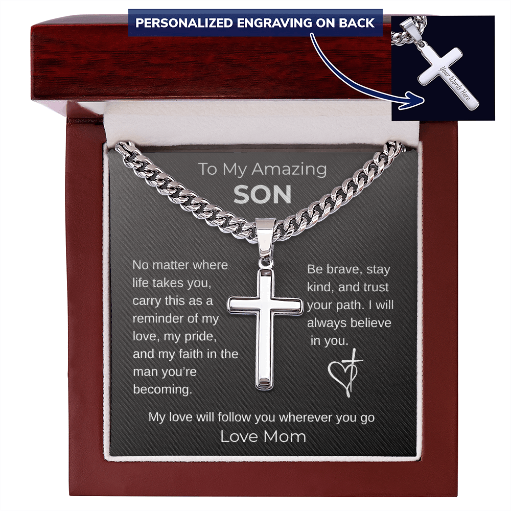 To My Son From Mom - Graduation Gift, Personalized Cross with Cuban Link Chain -