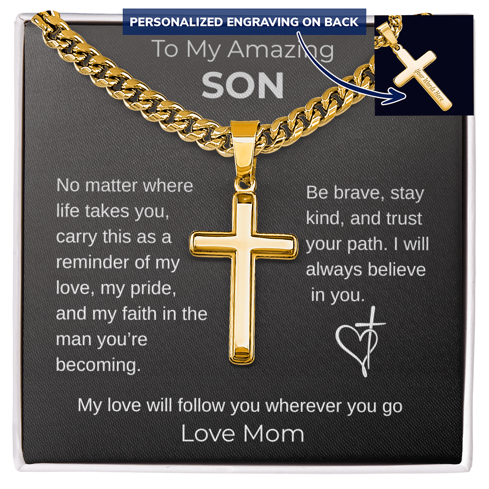 To My Son From Mom - Graduation Gift, Personalized Cross with Cuban Link Chain -
