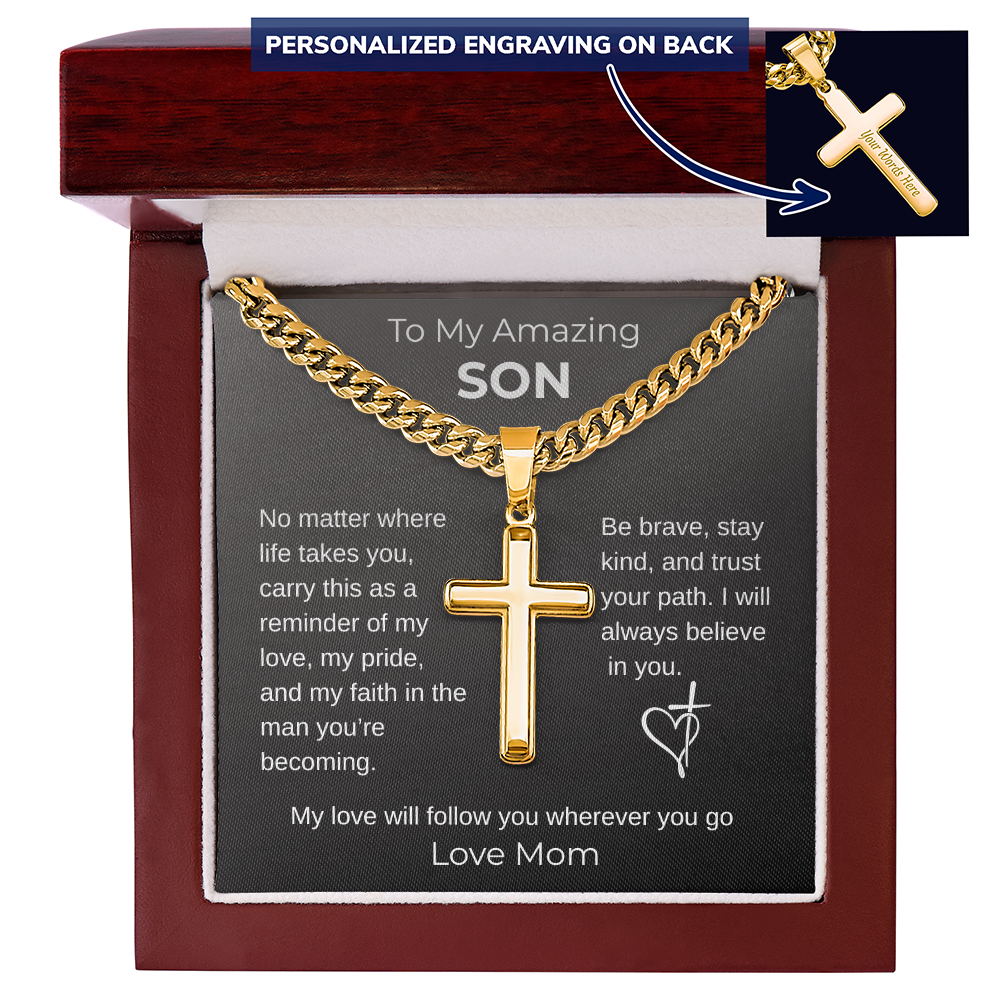 To My Son From Mom - Graduation Gift, Personalized Cross with Cuban Link Chain -