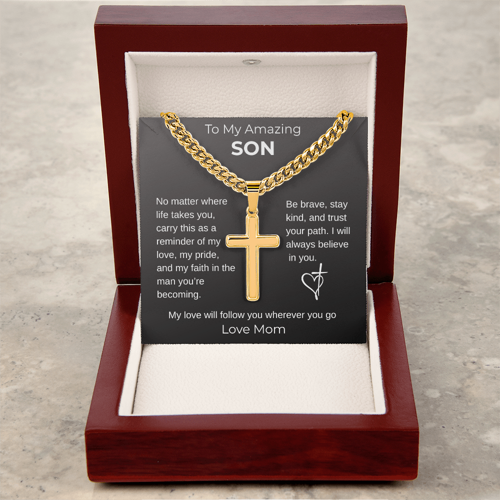 To My Son From Mom - Graduation Gift, Personalized Cross with Cuban Link Chain -