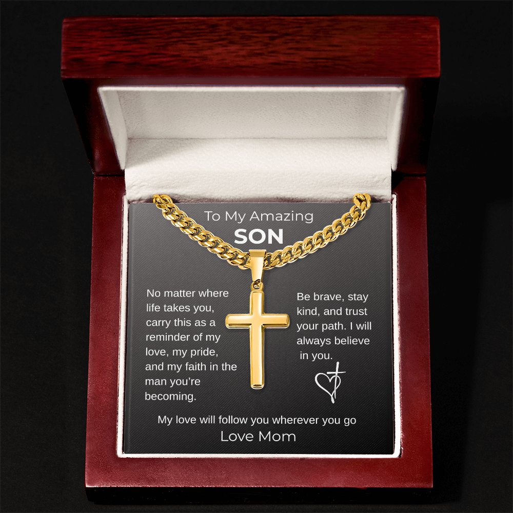 To My Son From Mom - Graduation Gift, Personalized Cross with Cuban Link Chain -