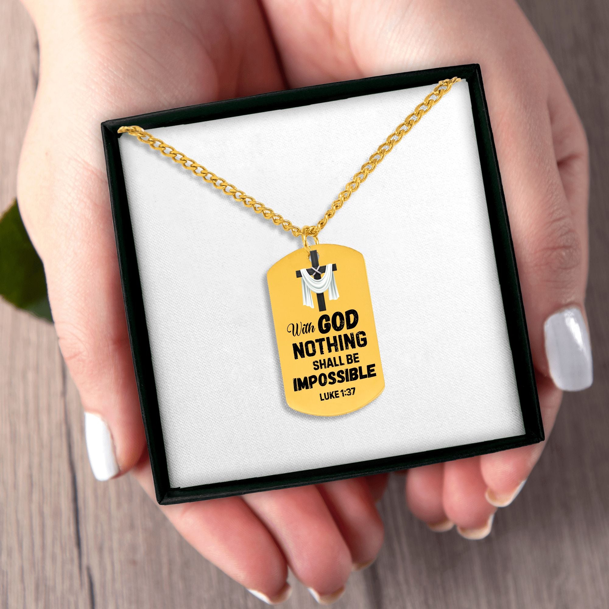 With God Nothing Shall Be Impossible Cuban Tag Necklace