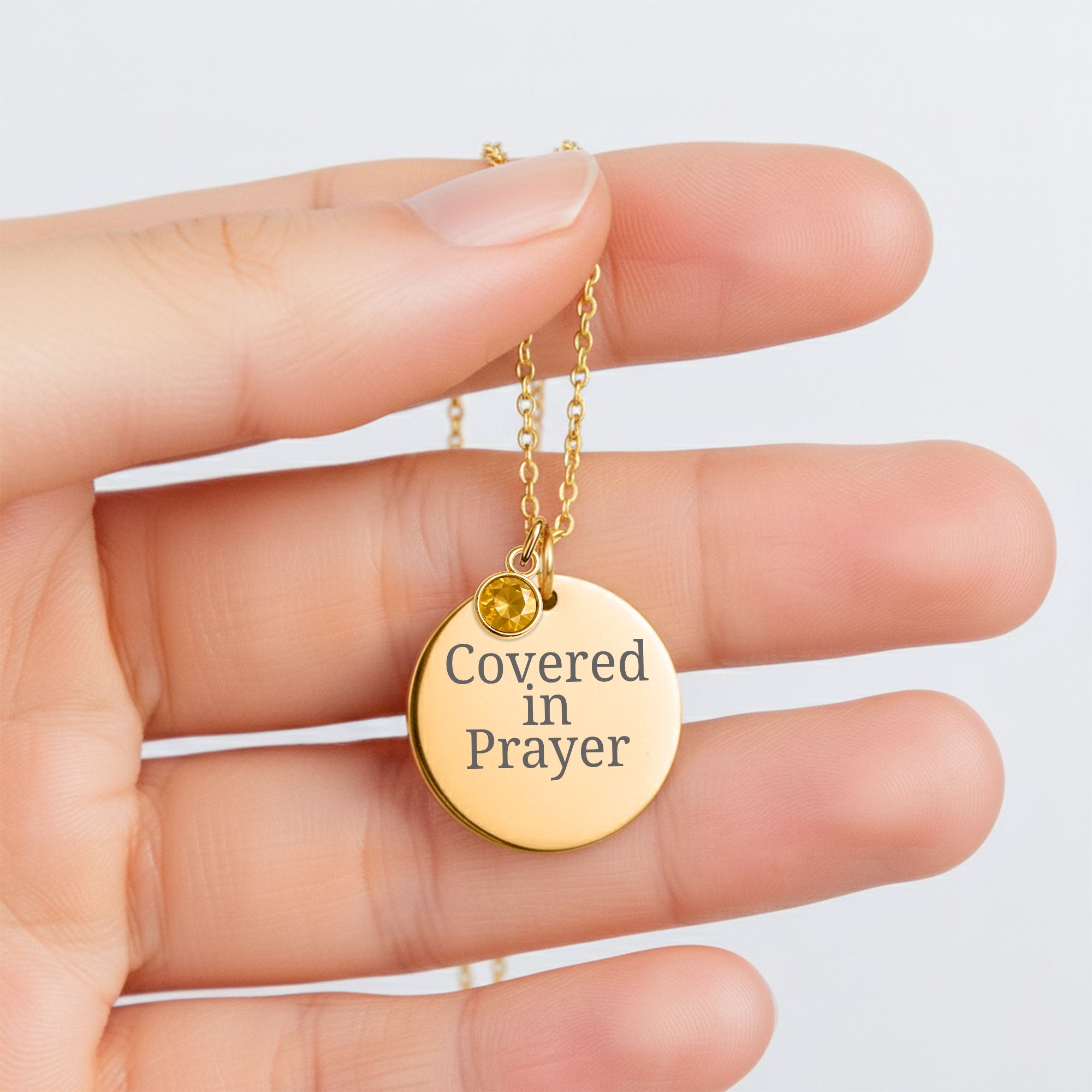 Covered in Prayer Coin Necklace for Mom with Birthstone,