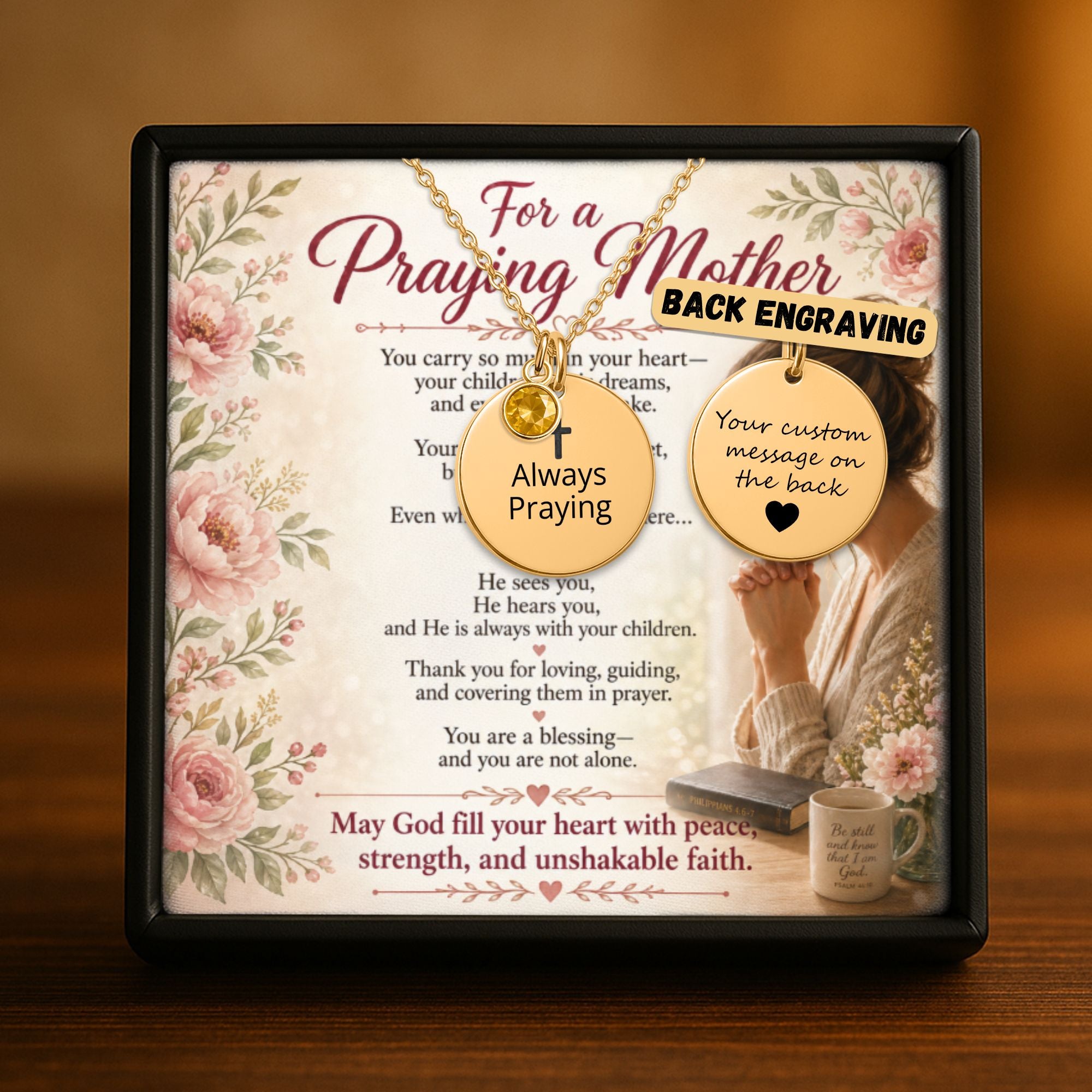 Always Praying Coin Necklace with Birthstone