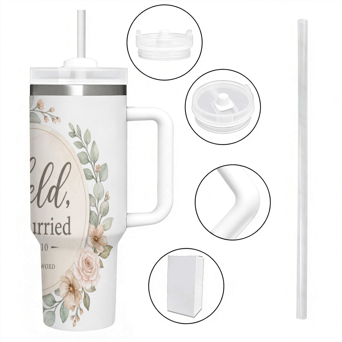Held, Not Hurried 40 oz Floral Tumbler (Isaiah 41:10) – Christian Mom Encouragement Gift