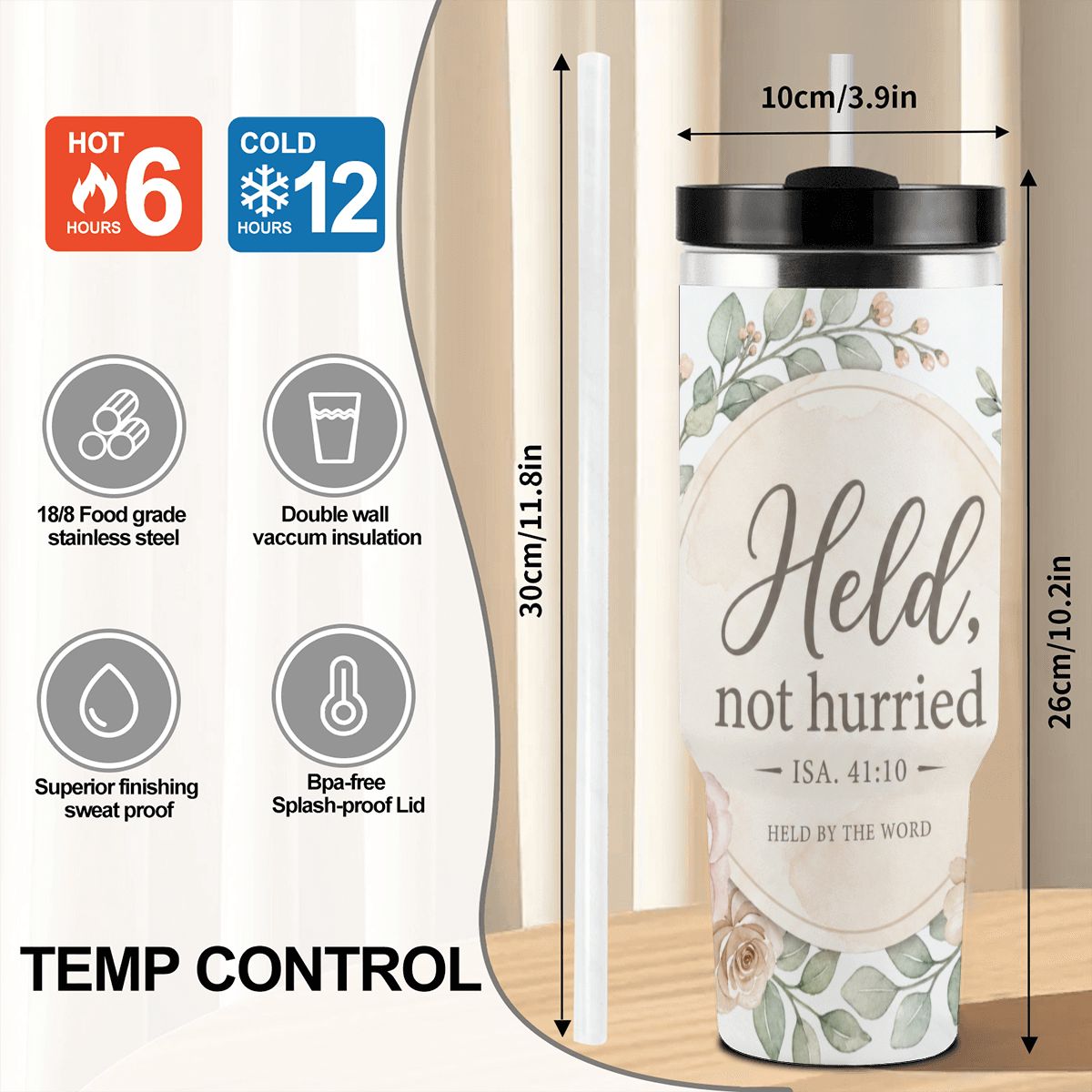 Held, Not Hurried 40 oz Floral Tumbler (Isaiah 41:10) – Christian Mom Encouragement Gift