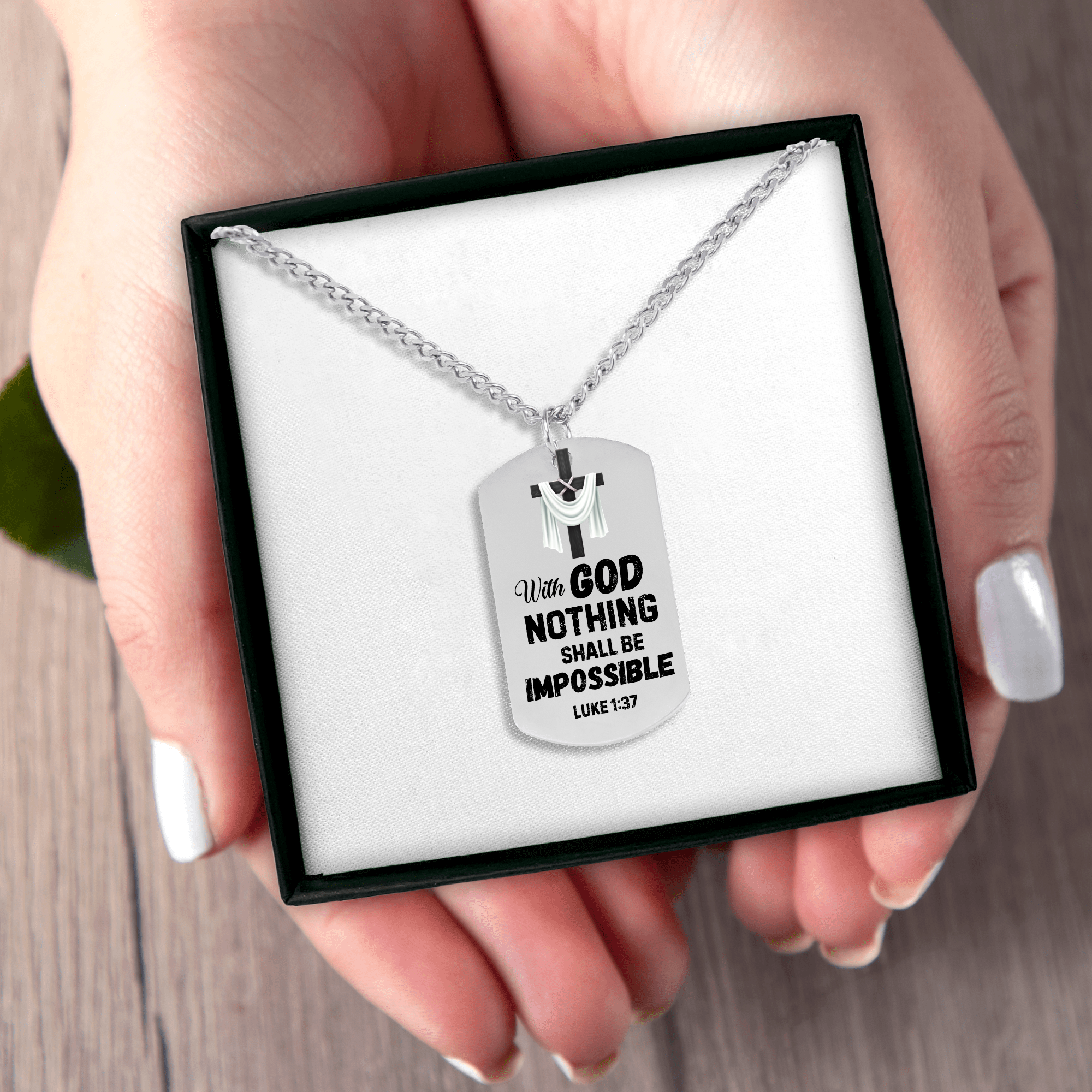 With God Nothing Shall Be Impossible Cuban Tag Necklace