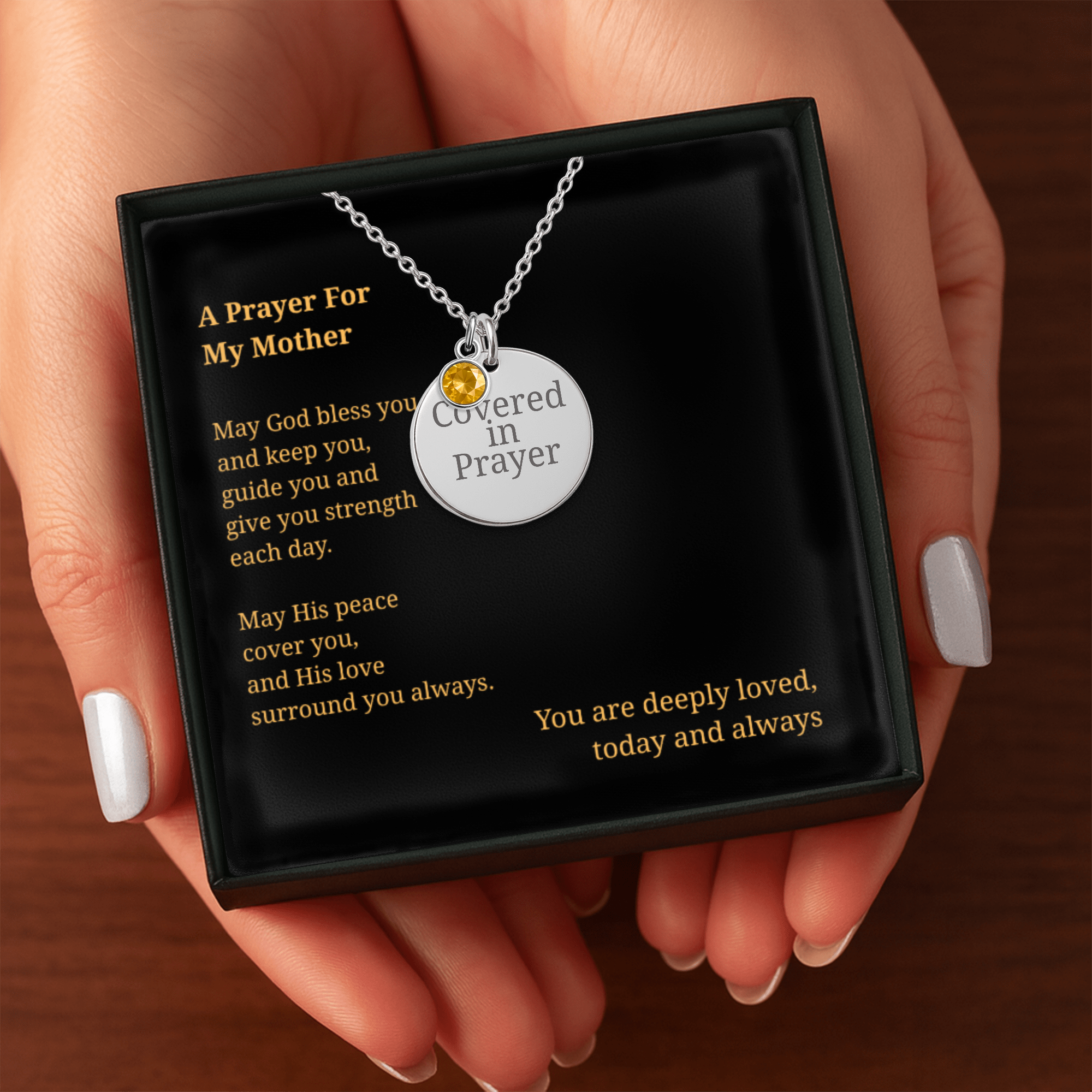 Covered in Prayer Coin Necklace for Mom with Birthstone,