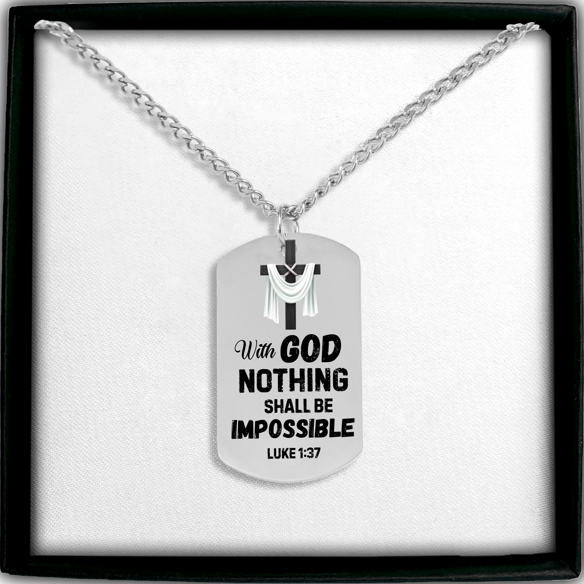 With God Nothing Shall Be Impossible Cuban Tag Necklace