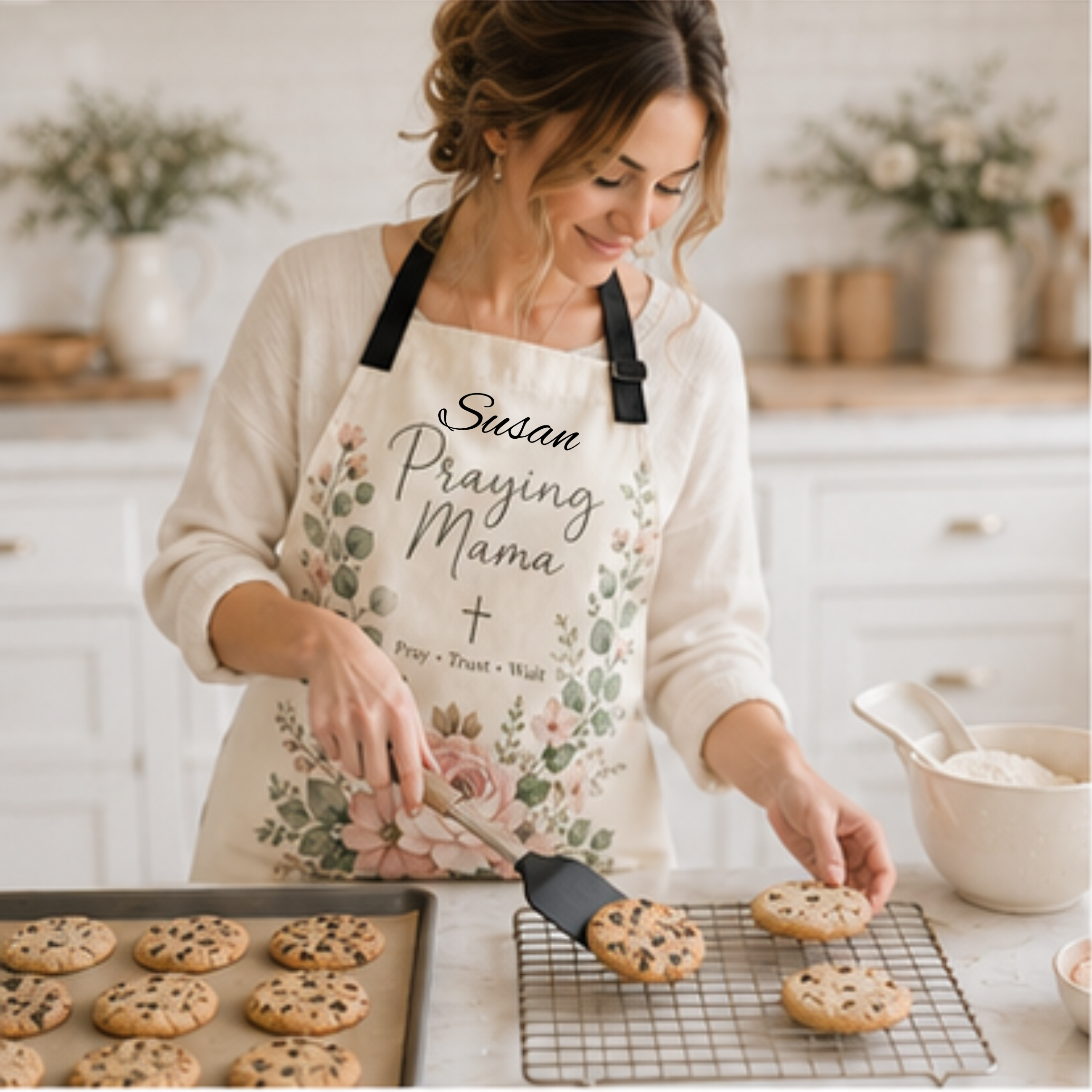 Praying Mama Apron — Floral 'Pray • Trust • Wait' Kitchen Apron for Faith-Filled Moms