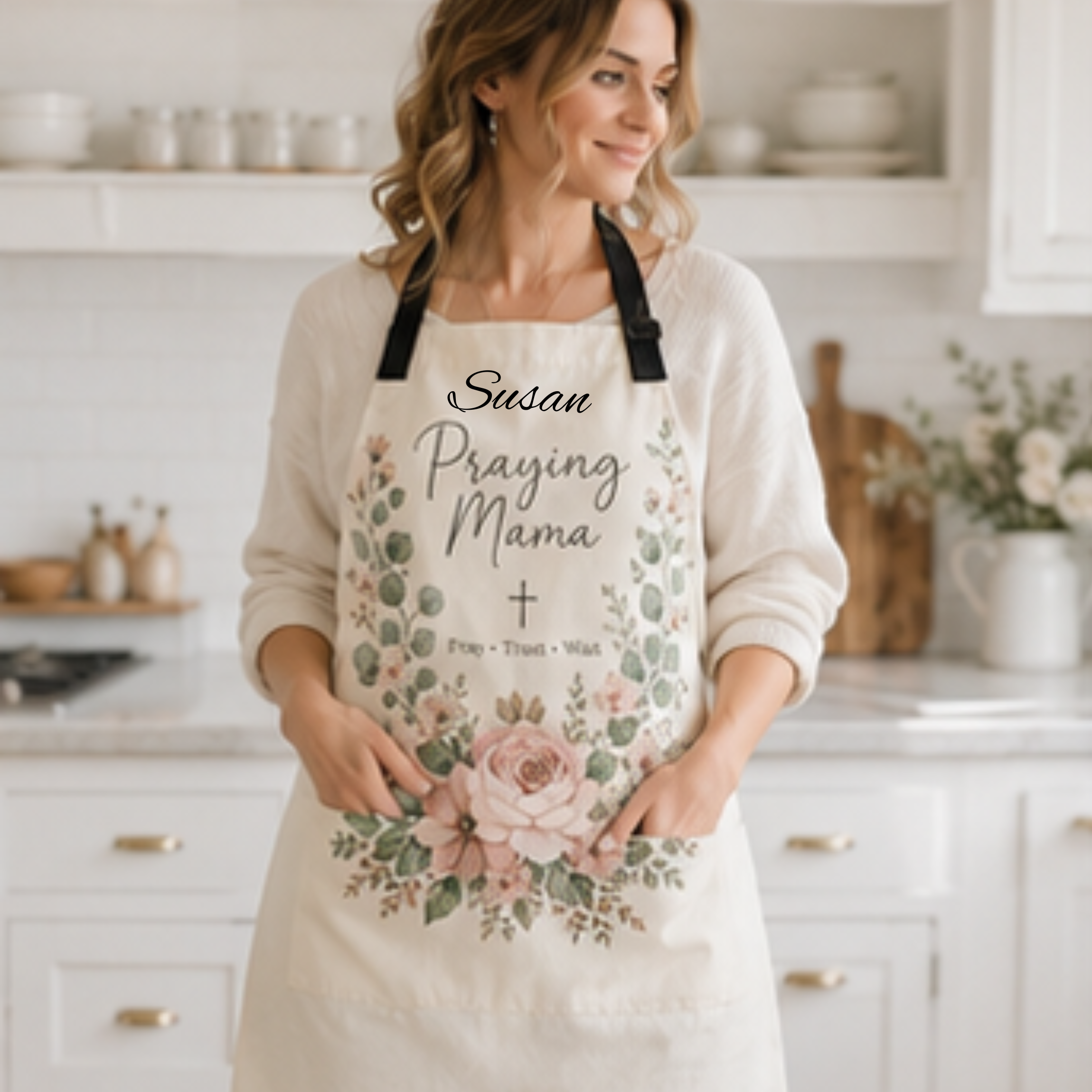 Praying Mama Apron — Floral 'Pray • Trust • Wait' Kitchen Apron for Faith-Filled Moms