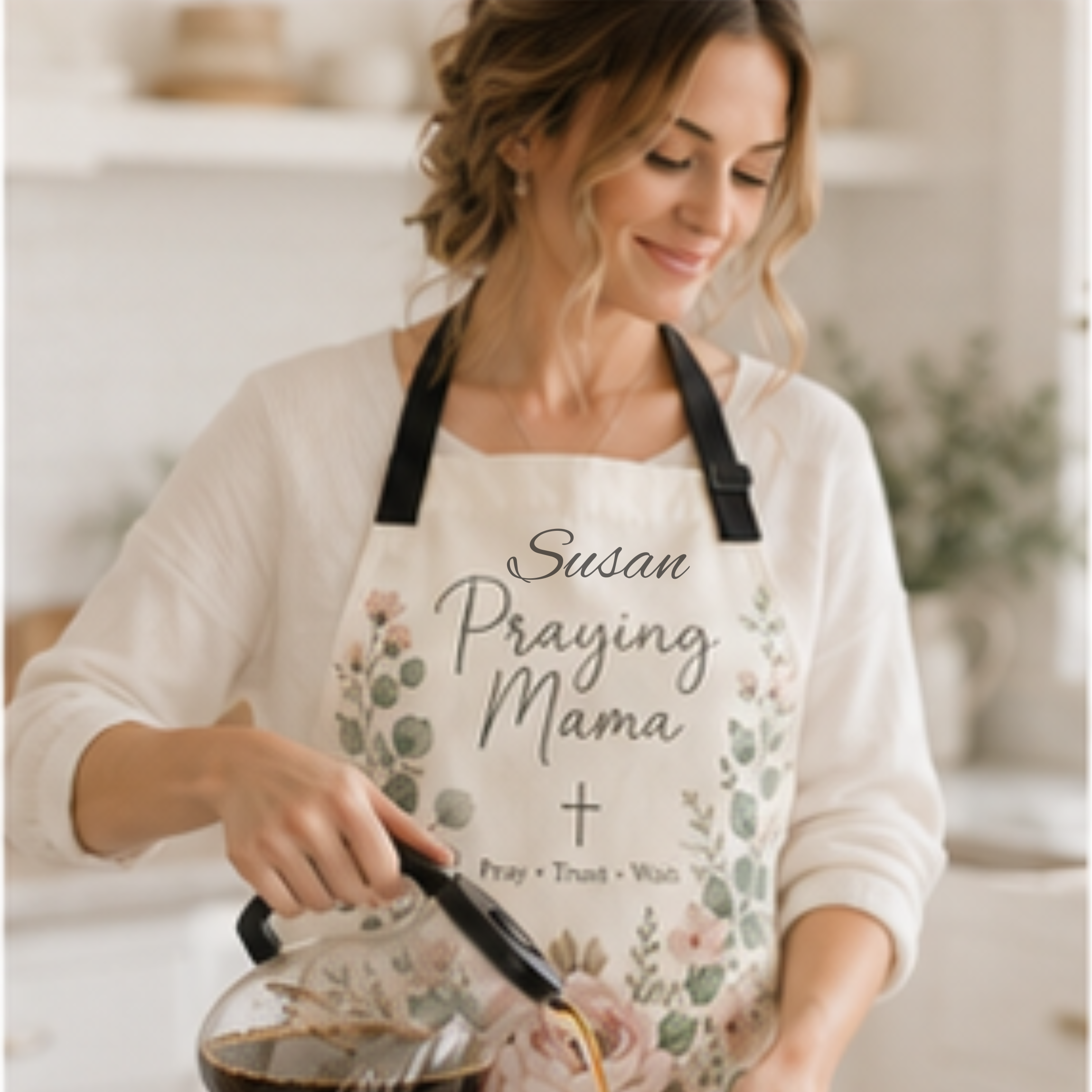 Praying Mama Apron — Floral 'Pray • Trust • Wait' Kitchen Apron for Faith-Filled Moms