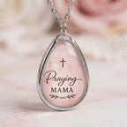 Praying Mama Oval Pendant Necklace — Religious Pink Teardrop Charm