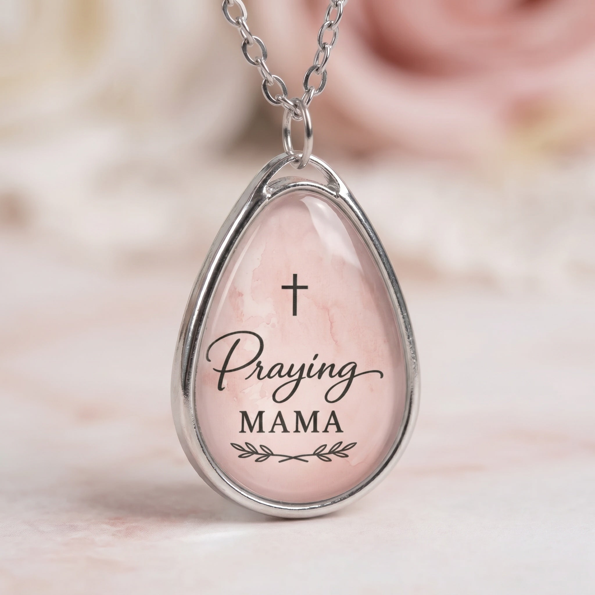 Praying Mama Oval Pendant Necklace — Religious Pink Teardrop Charm