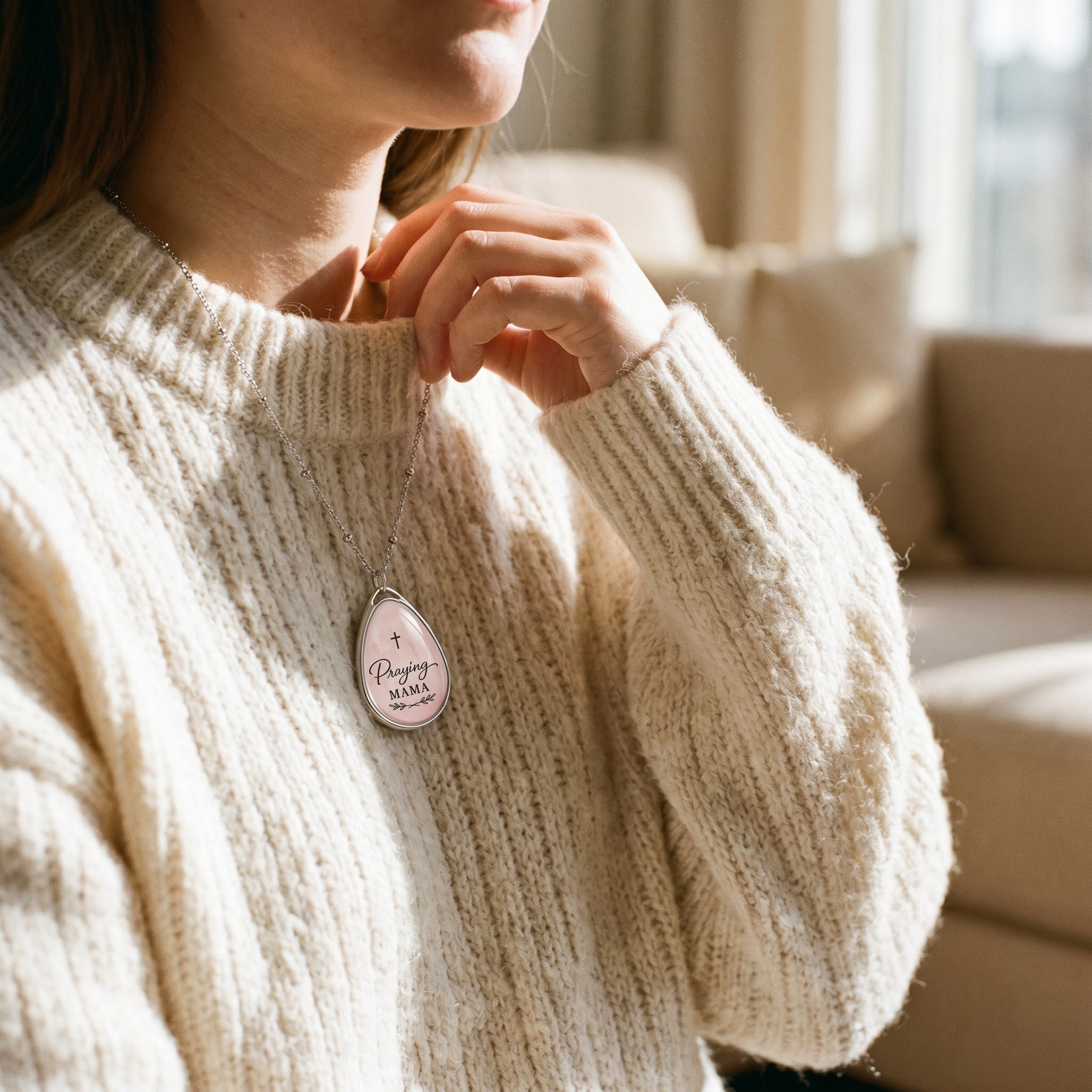 Praying Mama Oval Pendant Necklace — Religious Pink Teardrop Charm